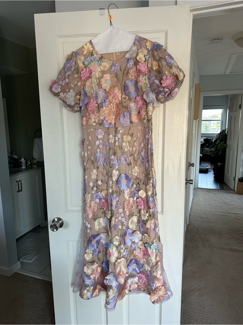 Women’s Floral Embroidered Appliqué Pastel Dress - Pink/Tan